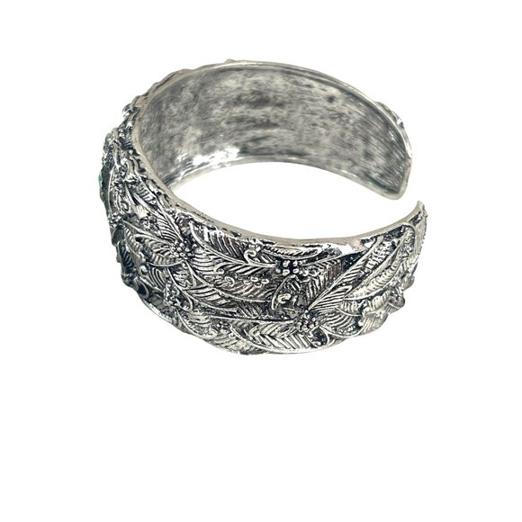 Boho Style Cuff Bracelet Silver Tone with Faux Turquoise Stone and Leaf Detail - Picture 6 of 9